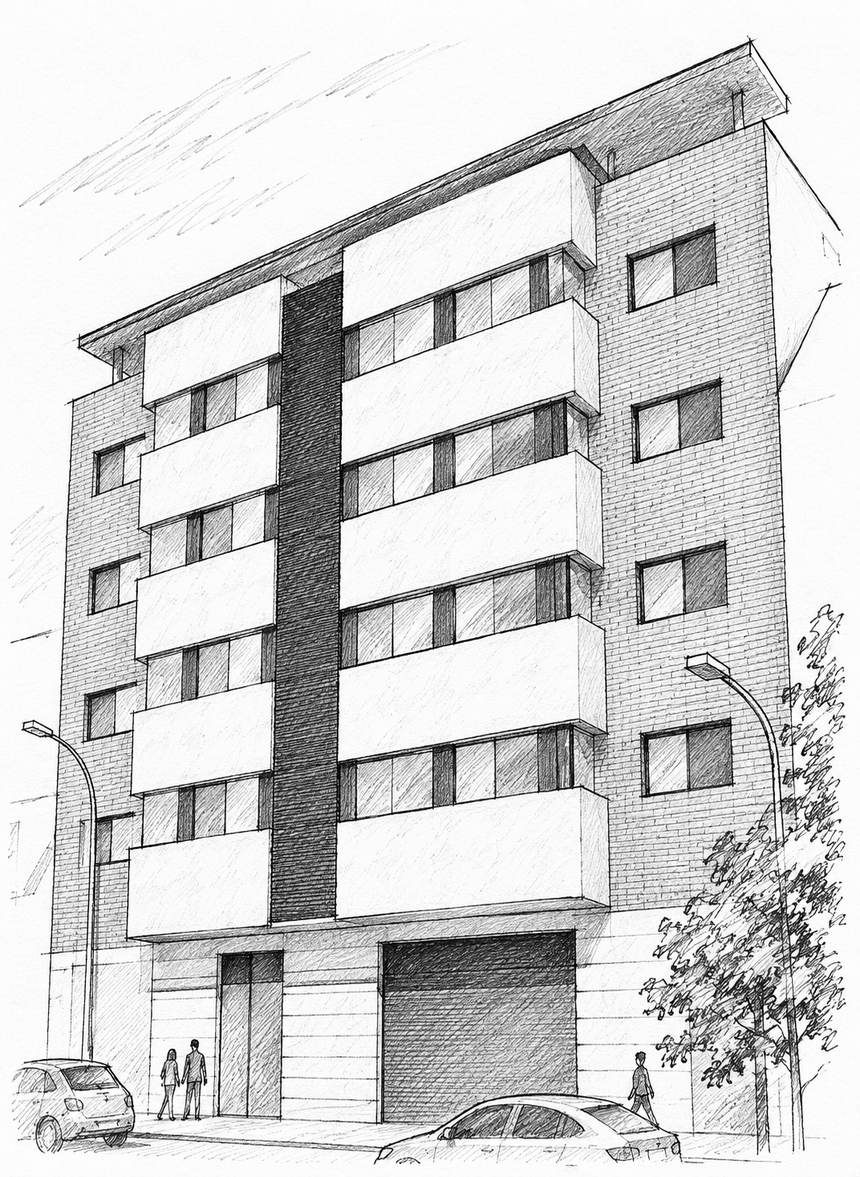 Croquis a lápiz de un edificio plurifamiliar de viviendas entre medianeras, de cinco alturas, con terrazas retranqueadas, fachada de ladrillo, local y acceso al garaje en planta baja.