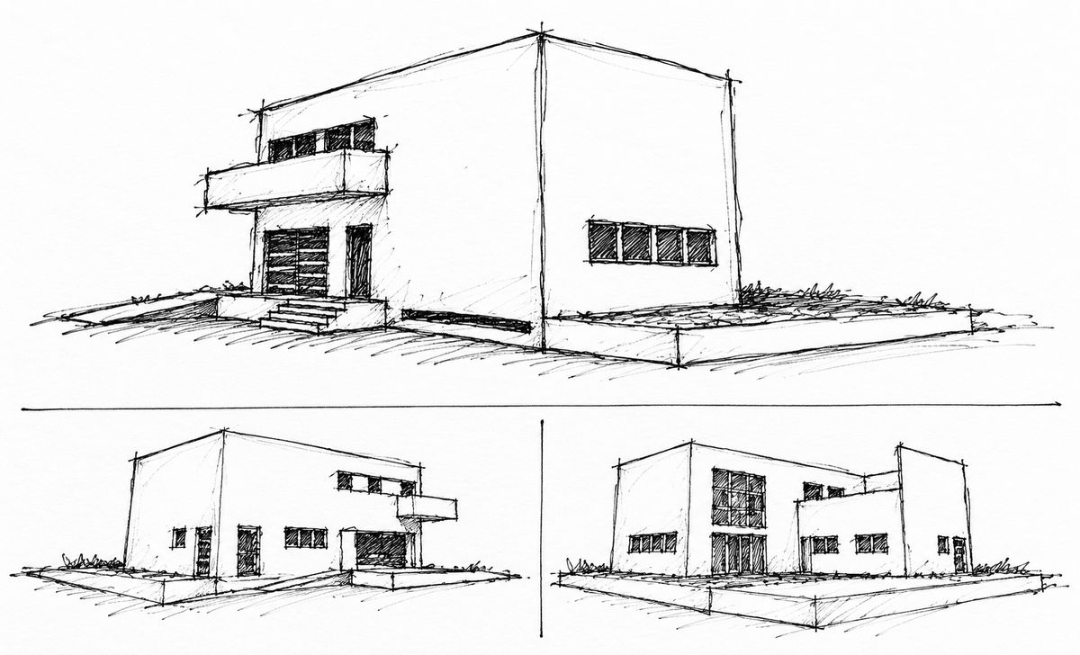 Croquis a tinta con tres perspectivas de una vivienda unifamiliar de dos plantas y cubierta plana: acceso con escalera y voladizo, huecos apaisados y volumen retranqueado.